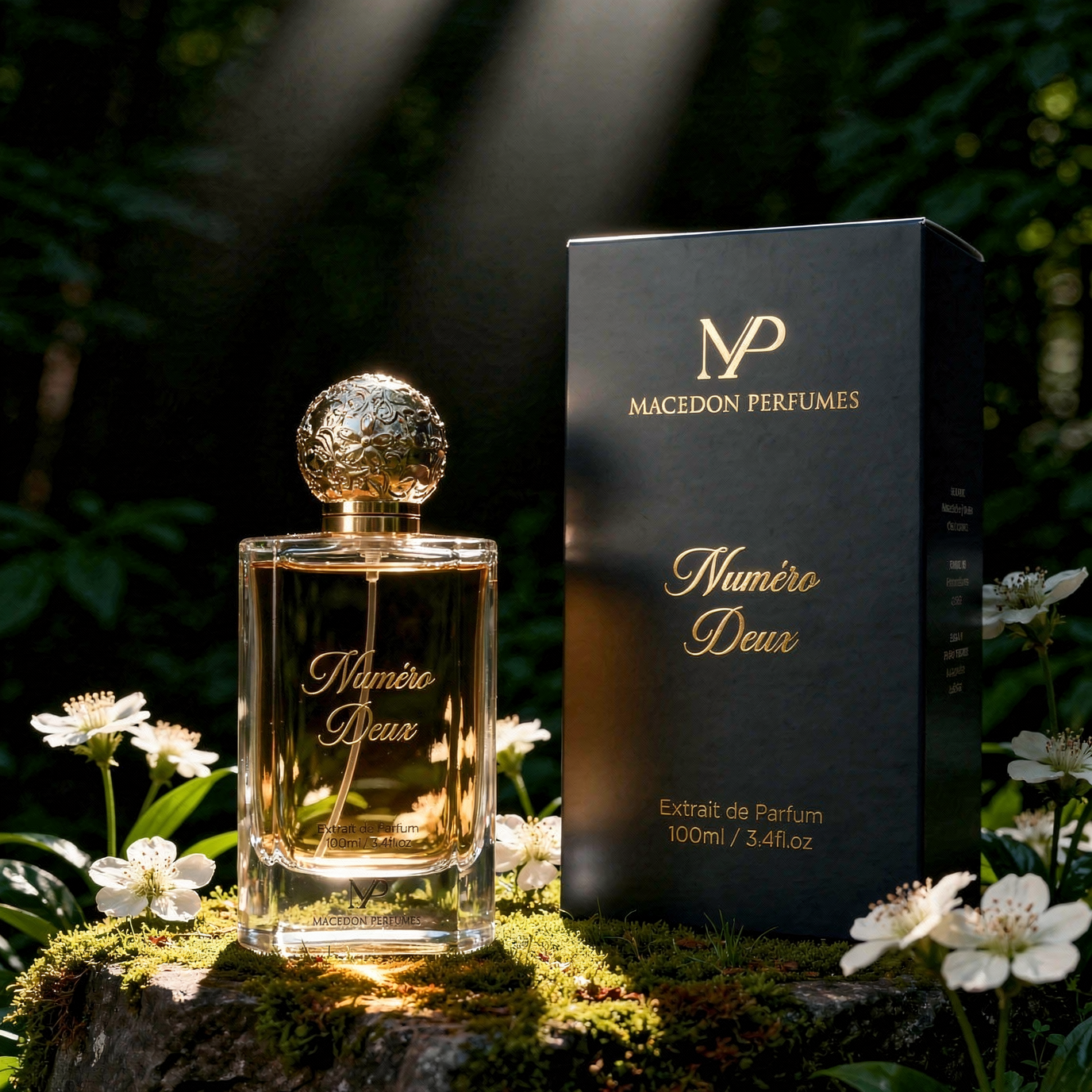 Perfume bottle and packaging with 'Macedon Perfumes' branding in a forest setting.