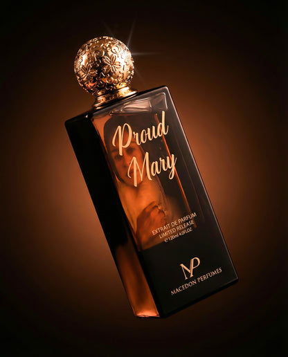 Perfume bottle with gold cap on a dark background