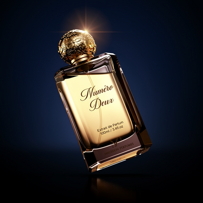 Gold perfume bottle labeled 'Numero Deux' against a dark background