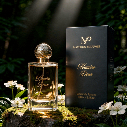 Perfume bottle and packaging with 'Macedon Perfumes' branding in a forest setting.