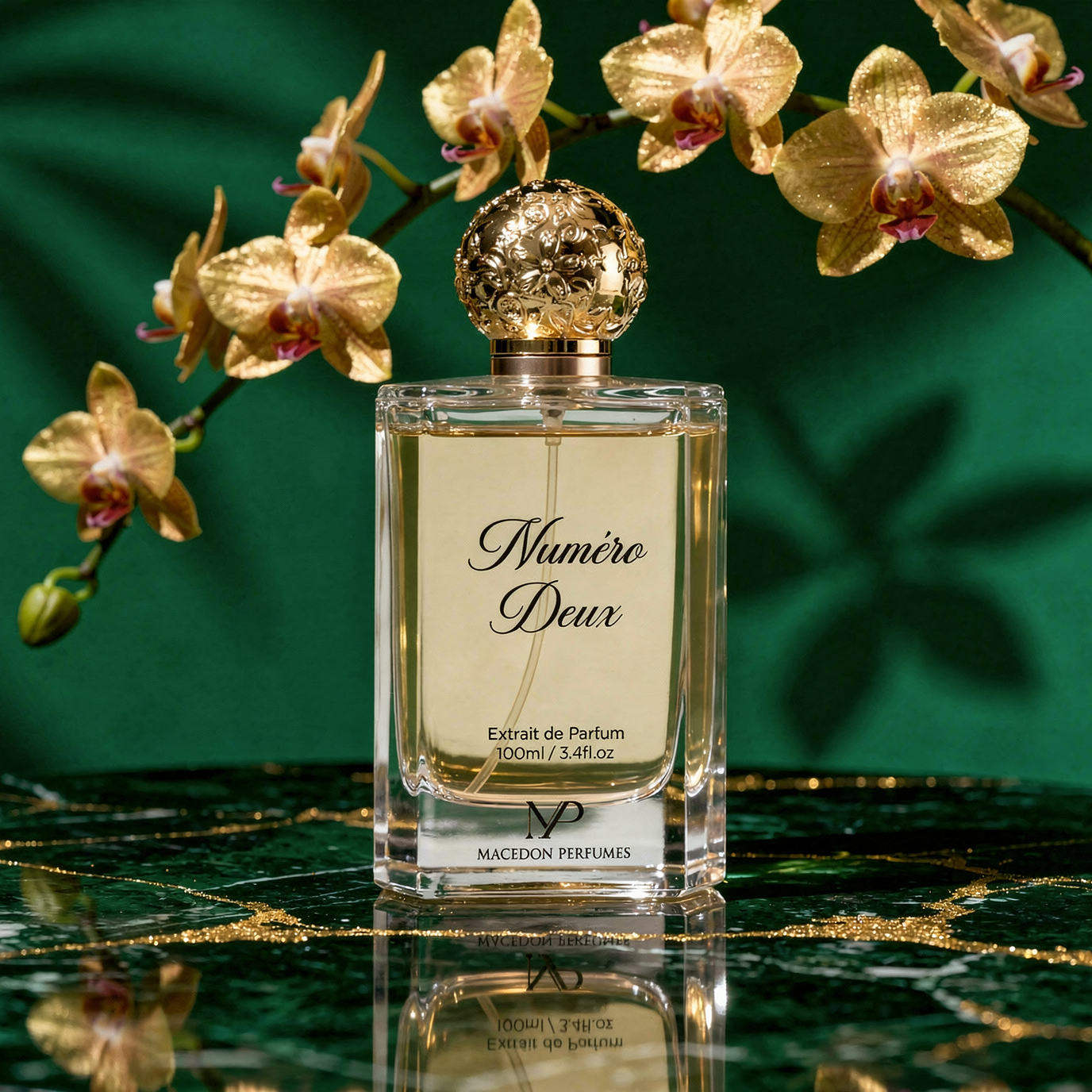 Perfume bottle labeled 'Numèro Deux' with gold flowers on a green marble surface