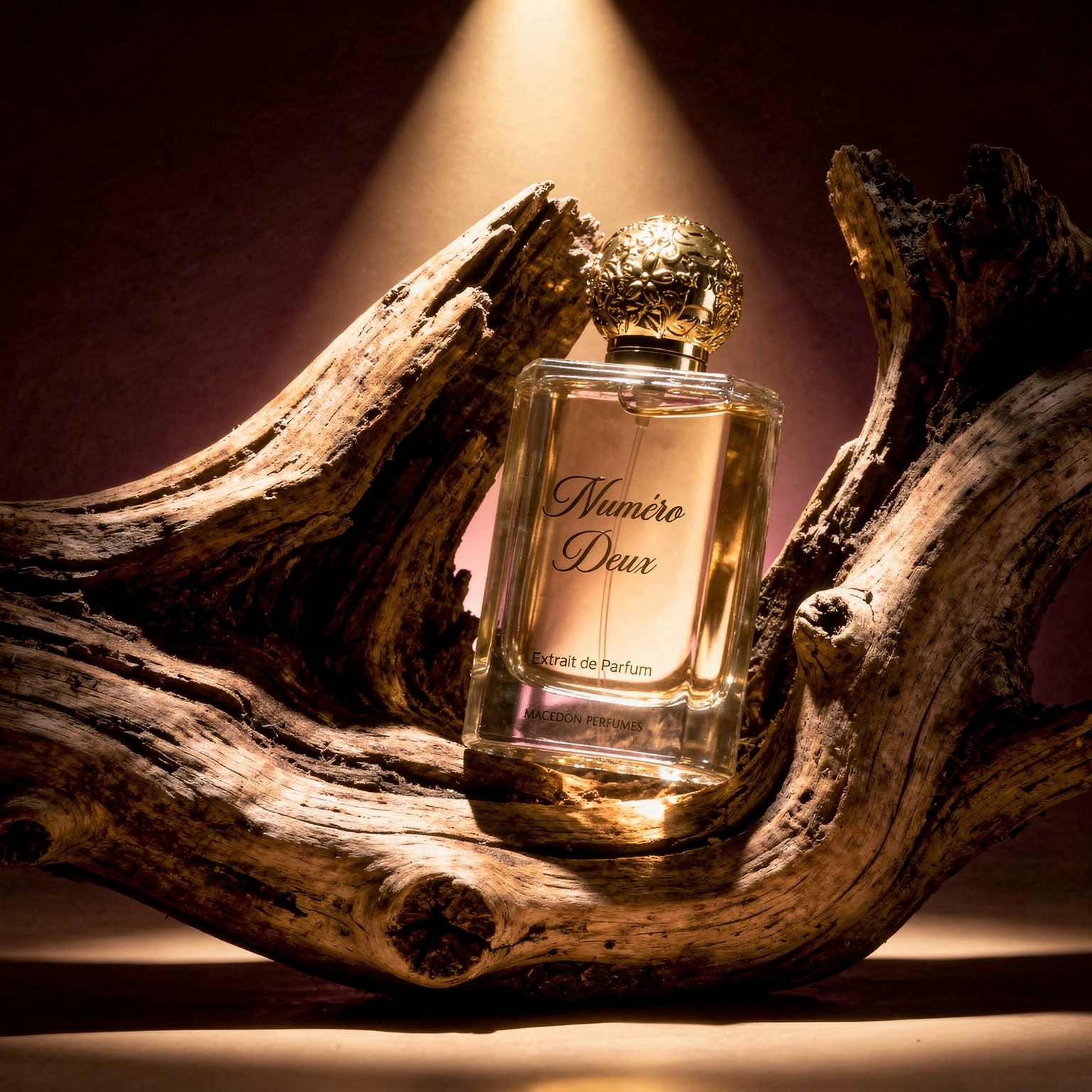 Perfume bottle labeled 'Numero Deux' on a wooden surface with warm lighting