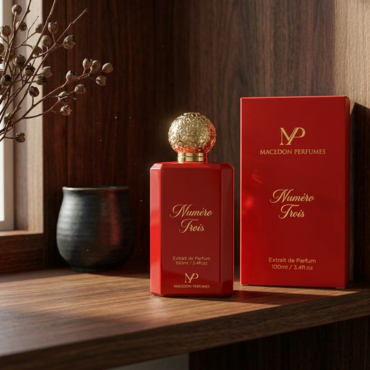 Red perfume bottle and box with gold accents on a wooden surface