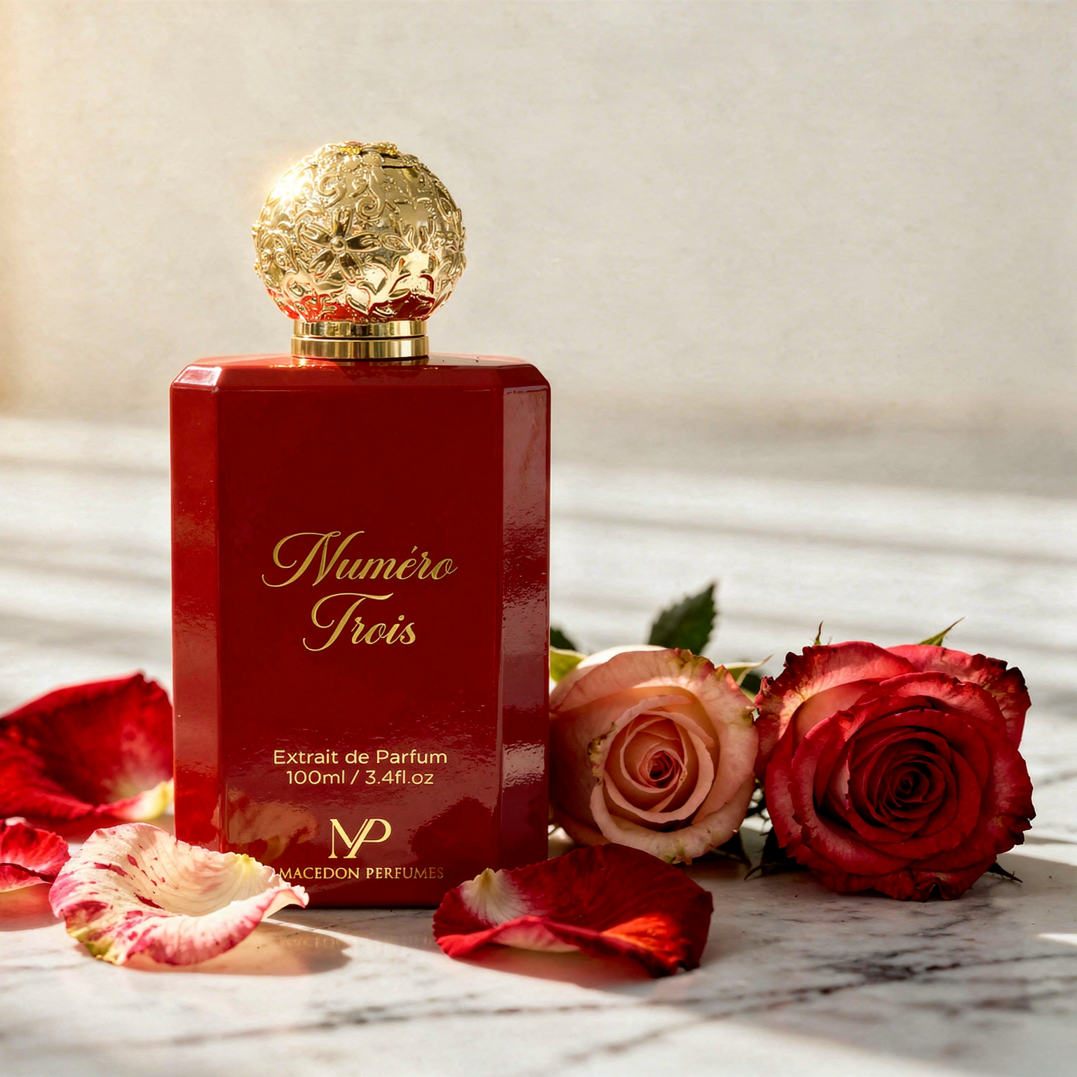 Red perfume bottle with gold cap labeled 'Numero Trois' on a marble surface with roses and petals.